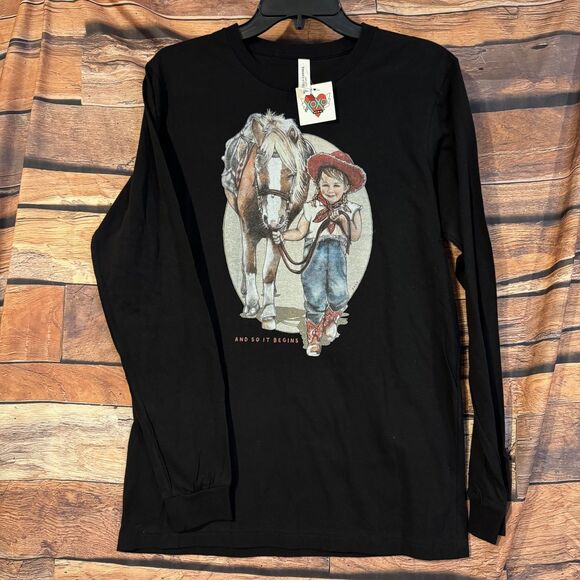 Bella Canvas Tops - Bella+Canvas Women's Black Long Sleeve Tee Cowgirl & Pony Graphic Print Size M